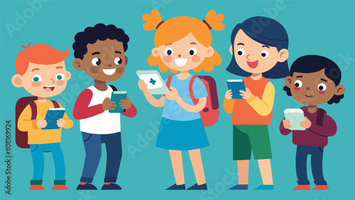 A group of kids gather around a technologysavvy classmate eagerly learning how to use their new smartphones to connect with each other and the world.. Vector illustration