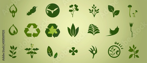 Ecology icons set. Vector illustration for your design. Green background.