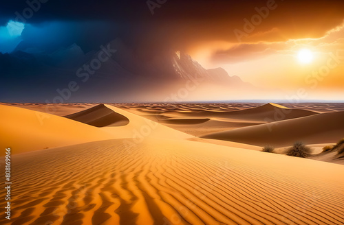 landscape of a sandy desert with mountains in the distance and an approaching sandstorm