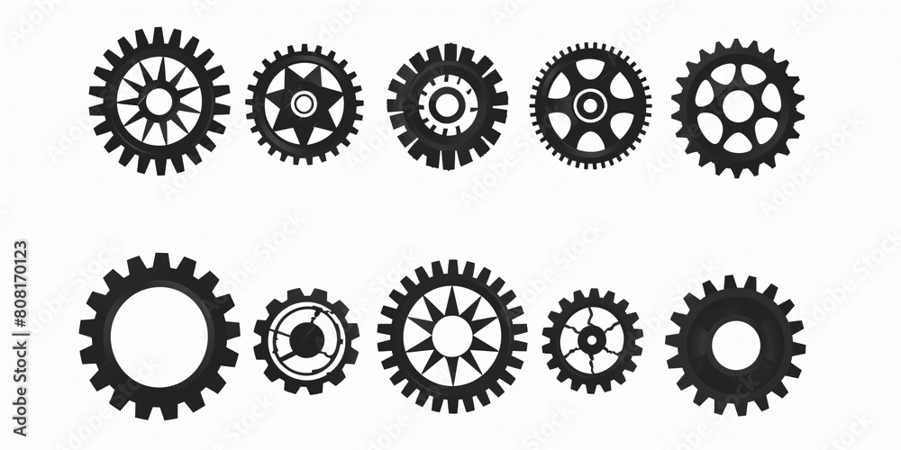 A set of black gear wheels isolated on a white background. Top view. A set of black gear wheels isolated on a white background. Top view.