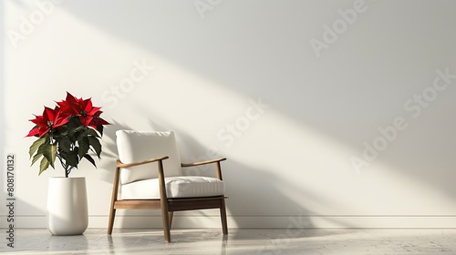white chair in the room and red flowers on white wall background