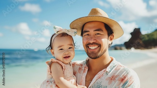 happy asian family on the beach, smiling dad wearing a hat and holding a baby girl in his arms. tropical vibe. generative AI © yj