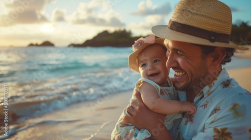 happy family on the beach, smiling dad wearing a hat and holding a baby girl in his arms. tropical vibe. generative AI photo