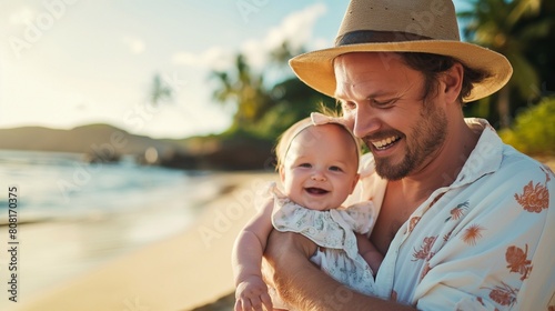 happy family on the beach, smiling dad wearing a hat and holding a baby girl in his arms. tropical vibe. generative AI