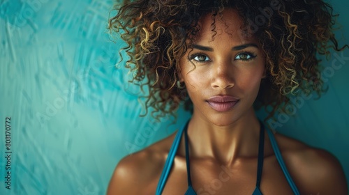   A woman with curly hair gazes seriously into the camera, dressed in a blue halter top in a close-up shot photo