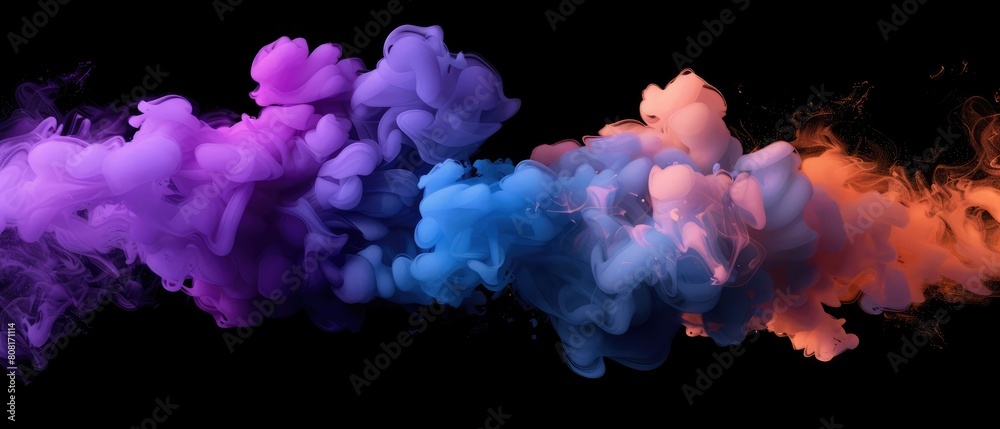 A dark background provides a striking contrast to the vibrant, abstract illustration of purple, blue, and orange pastel ink smoke clouds.