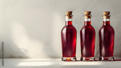 Three glass bottles with grenadine and cork on a simple background, three bottles of different sizes with reflections of light on the surface, on a pure white background, with high-resolution photogra