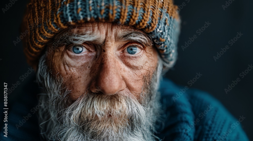 A man in a knitted hat, his beard thick and unshaven, gazes intently into the camera A man in a knitted hat, his beard thick and unshaven, gazes intently into the camera