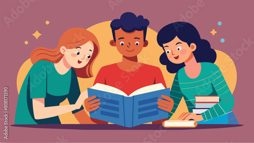 A group of friends huddled around a coffee table eagerly flipping through pages of an augmented reality book shouting and gasping as they discover. Vector illustration