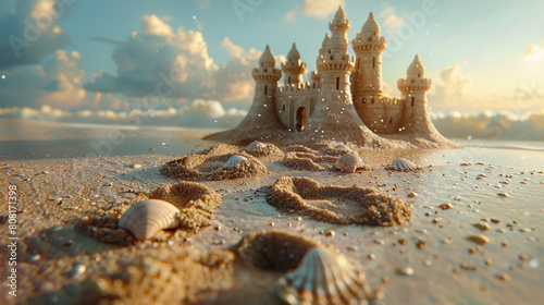Sandcastle with seashell turrets, footprints in sand leading away.