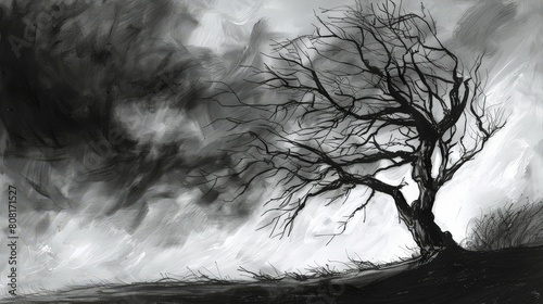 Digital painting of a bare tree silhouetted against a stormy sky with dark clouds and heavy brushstrokes