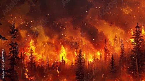 A powerful digital painting captures the fury of a wildfire  engulfing trees amidst high temperatures and dry conditions. It underscores the urgent need to address escalating climate change risks.