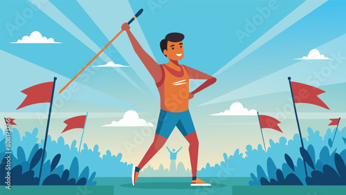 A a sea of cheering spectators a young athlete perfects their throwing stance before propelling the javelin forward aiming for greatness.. Vector illustration photo