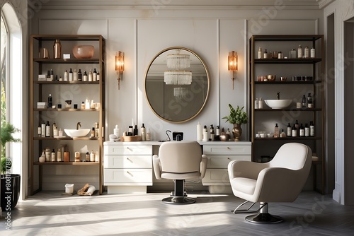 Interior of modern beauty saloon with white armchairs and mirror. 3d render