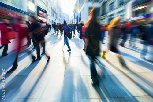 Beautiful motion blur of people walking in the morning rush hour, busy modern life concept.