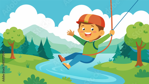 A child excitedly ziplining over a mini lake on the adventure course.. Vector illustration