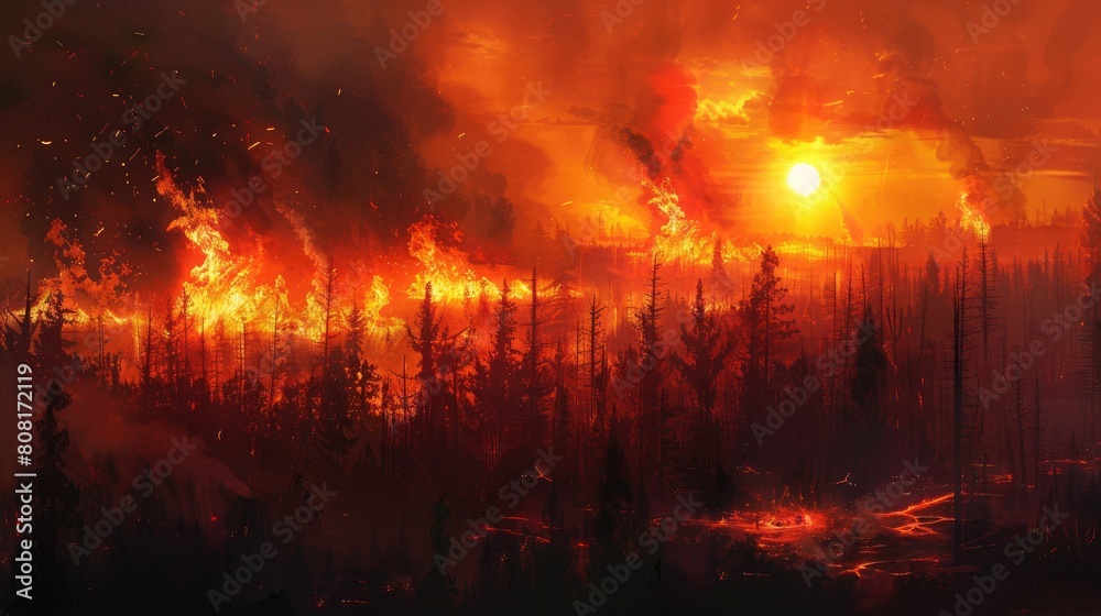 Fototapeta premium A powerful digital painting captures the fury of a wildfire, engulfing trees amidst high temperatures and dry conditions. It underscores the urgent need to address escalating climate change risks.