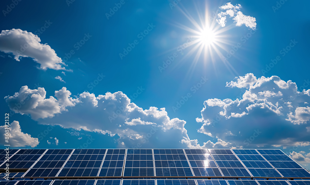 solar energy panels with sun and blue sky, concept of sustainable resources