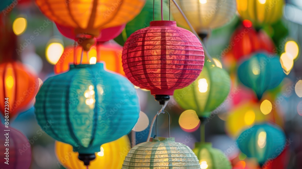 Obraz premium Vibrant paper lanterns hung together in a festive and colorful display, illuminating a joyful atmosphere