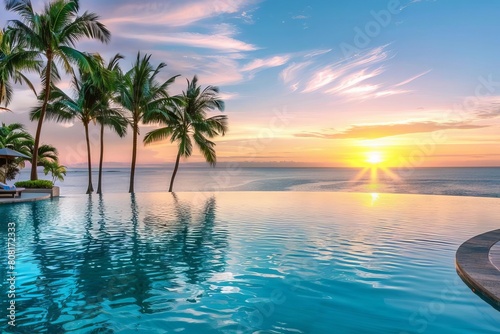 luxurious beachfront hotel stunning sunset view palm trees and pool travel destination © furyon