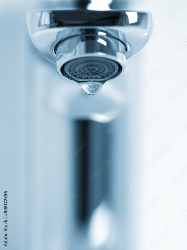 Water dropping from faucet closeup. Keaking and wasting of water Water dropping from faucet closeup. Keaking and wasting of water