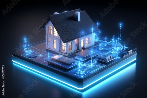 Smart home tech  house on mobile screen  wireless connections  electronics icons for iot