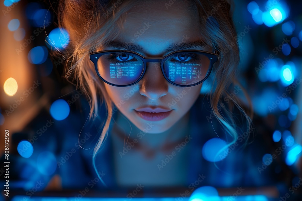 Woman with glowing screens in technology setting Woman with glowing screens in technology setting