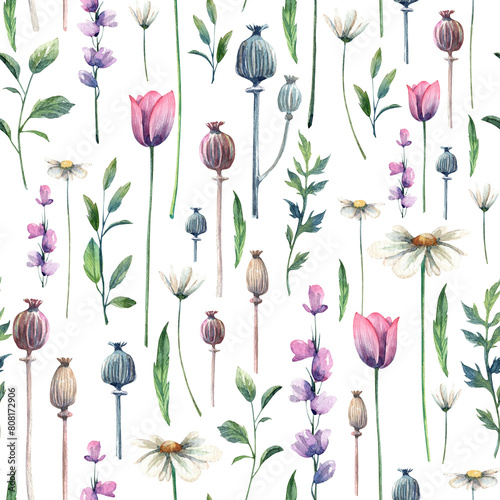 Seamless pattern with cute realistic watercolor wild flowers. Wallpaper and vintage background design. Red and pink blooming flowers, seeds cup, lavender background for fabric design