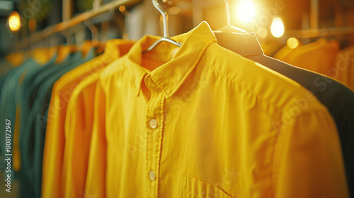 Sunny yellow shirts beaming brightly on a wire hanger.