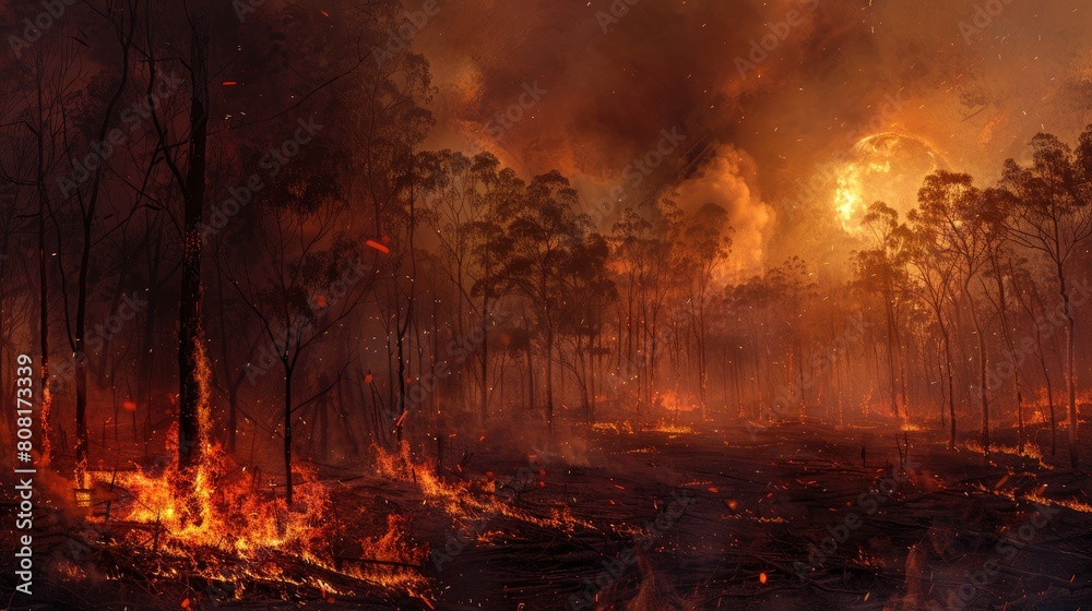 A powerful digital painting captures the fury of a wildfire, engulfing trees amidst high temperatures and dry conditions. It underscores the urgent need to address escalating climate change risks. A powerful digital painting captures the fury of a wildfire, engulfing trees amidst high temperatures and dry conditions. It underscores the urgent need to address escalating climate change risks.
