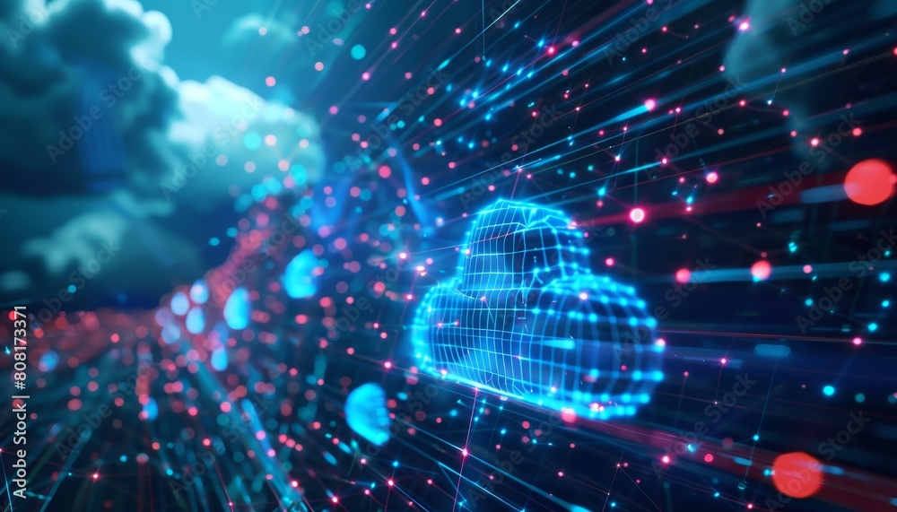 Fototapeta premium A blue cloud with red and blue lines surrounding it by AI generated image