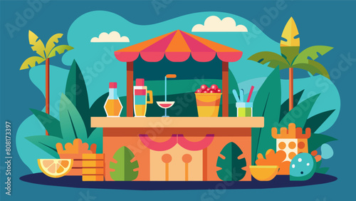 A tropical tiki bar with a surf rock soundtrack serving up fruity tails in fun novelty cups and glasses. Vector illustration