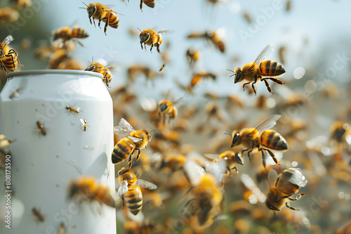 The mockup of a tin can is surrounded by a swarm of bees