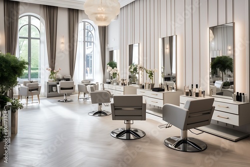 Interior of modern beauty saloon with white armchairs and mirror. 3d render