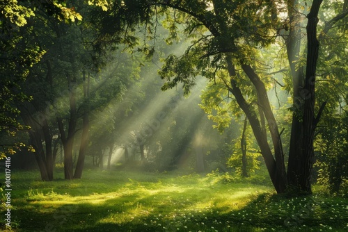 misty morning in serene forest with rays of sunlight landscape photo