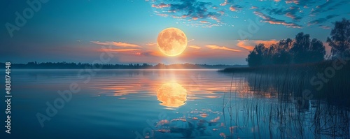 A sky with a giant full moon illuminating a serene lake, casting a reflection  photo