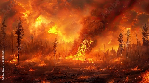 A powerful digital painting captures the fury of a wildfire, engulfing trees amidst high temperatures and dry conditions. It underscores the urgent need to address escalating climate change risks.