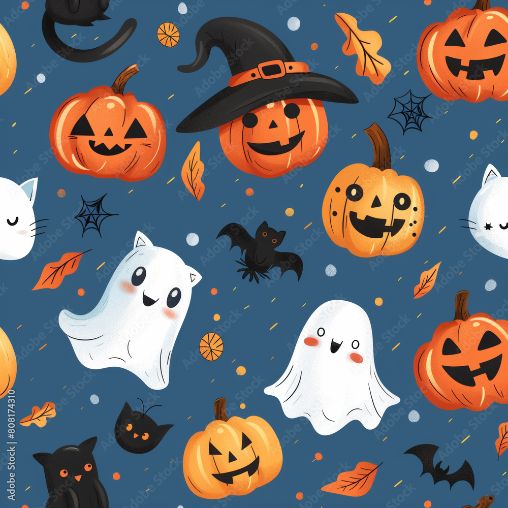 Cute halloween vector patterns such as ghosts, cats, bats, spiders, witch hats, jack-o'-lanterns... in blue background