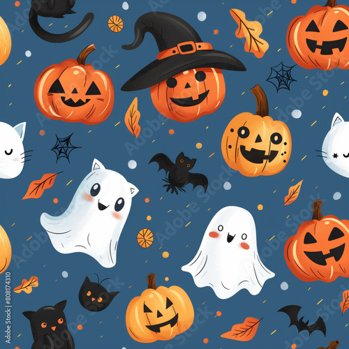 Cute halloween vector patterns such as ghosts, cats, bats, spiders, witch hats, jack-o'-lanterns... in blue background