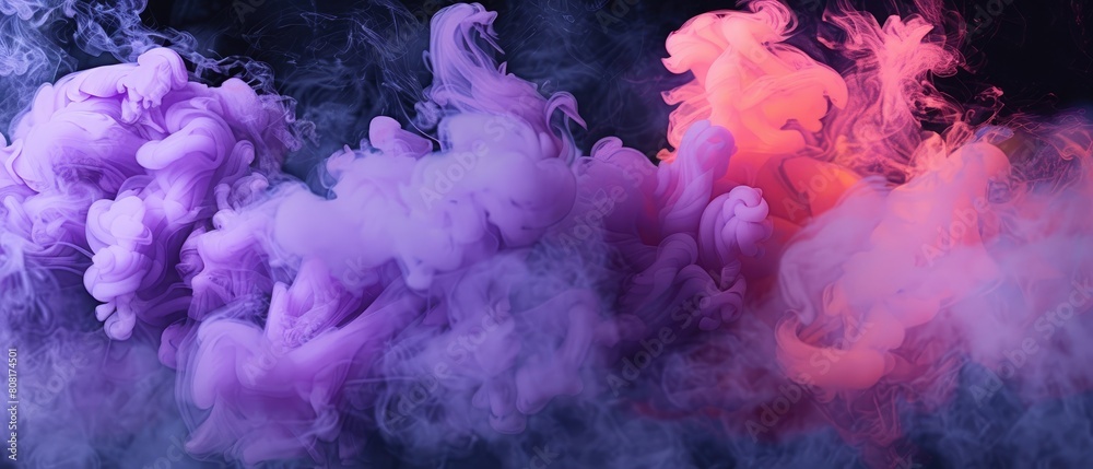 Fototapeta premium illustration of violet, nickel, coral pastel ink smoke cloud against black background