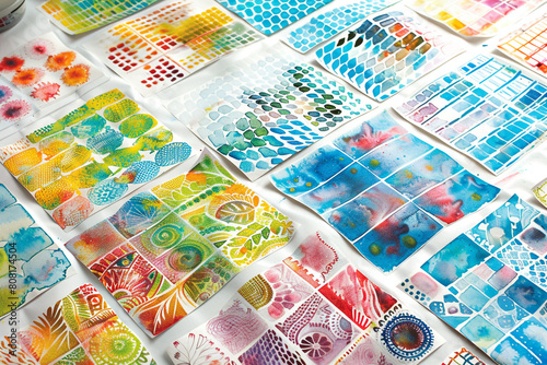 A spread of watercolor masking stickers, each with intricate patterns, on a white canvas for precise painting areas.