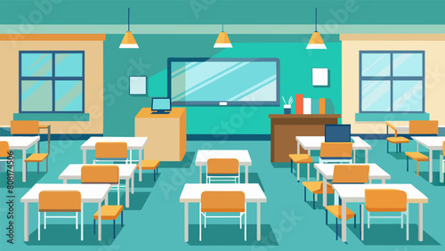 Completed classrooms being furnished with desks chairs and whiteboards.. Vector illustration