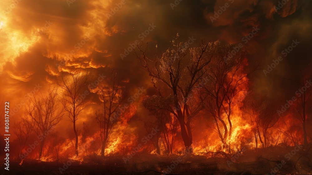 A powerful digital painting captures the fury of a wildfire, engulfing trees amidst high temperatures and dry conditions. It underscores the urgent need to address escalating climate change risks.