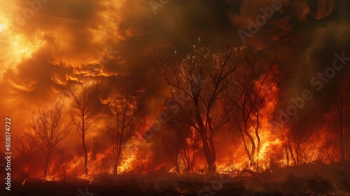 A powerful digital painting captures the fury of a wildfire, engulfing trees amidst high temperatures and dry conditions. It underscores the urgent need to address escalating climate change risks. © pvl0707