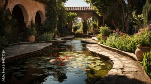 Roman villa's private garden serene with a koi pond