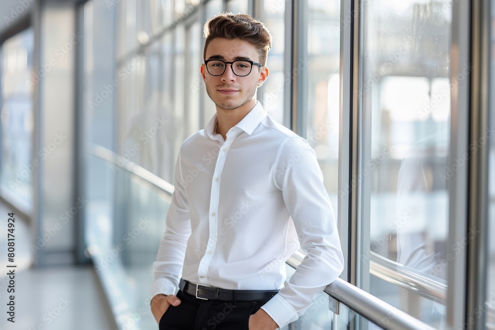 Fototapeta premium A man wearing a white shirt and black pants standing outdoors