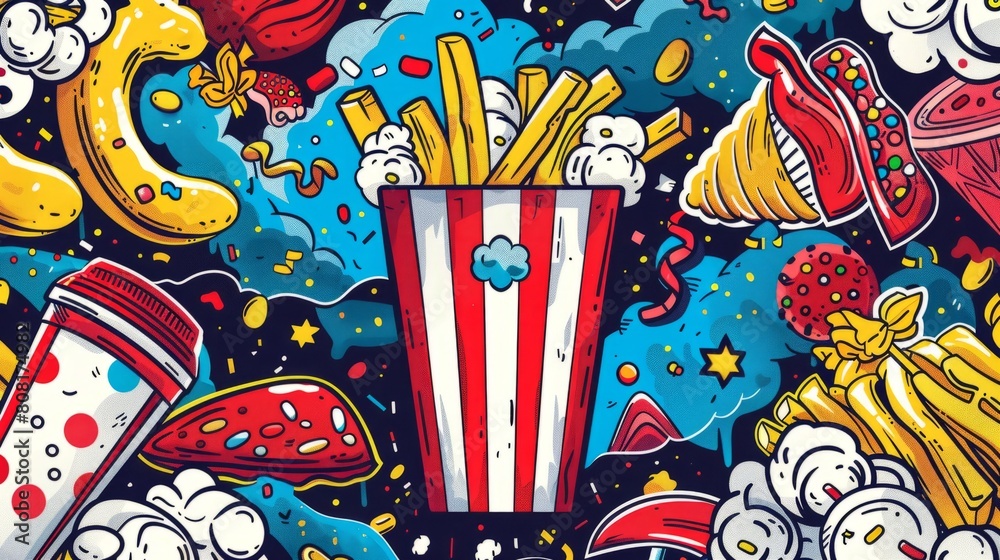 Obraz premium food-themed pop art, fun pop art design with a retro twist featuring favorite foods like popcorn, fries, and candy, creatively combined