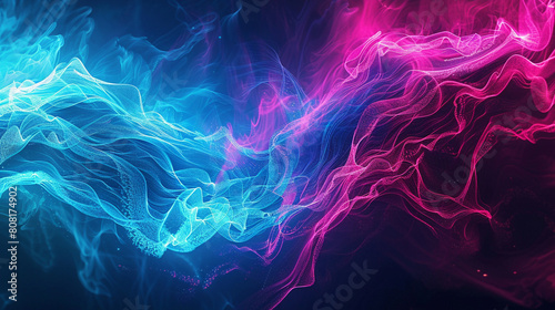 A surreal blend of bright cyan and deep magenta waves colliding, creating a visually stunning effect reminiscent of a neon art installation. photo