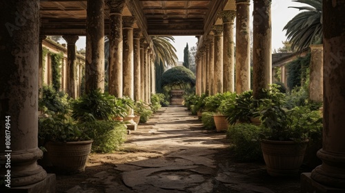 Luxurious Roman villa's garden marble colonnade photo