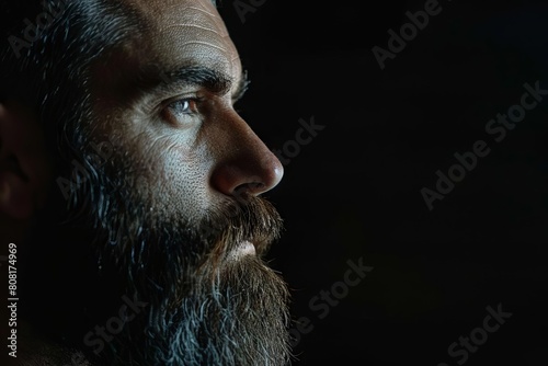 pensive bearded man in profile dramatic black background emotive portrait photography